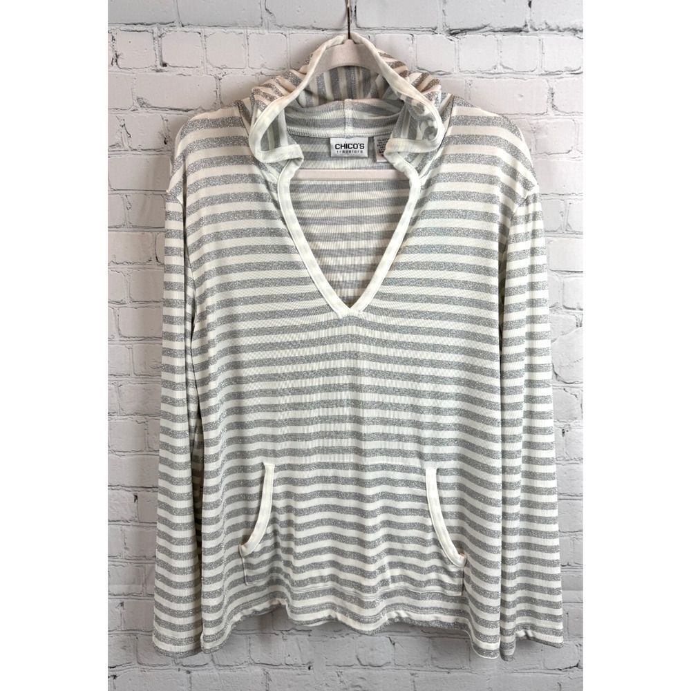 CHICO'S TRAVELERS white silver striped hoodie knit sweater pullover size 3 (XL)